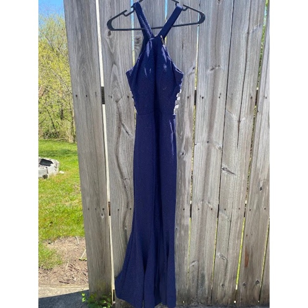 Xtraordinary Navy Blue Glitter Halter‎ Mermaid Gown Rhinestone Cutouts Size 7